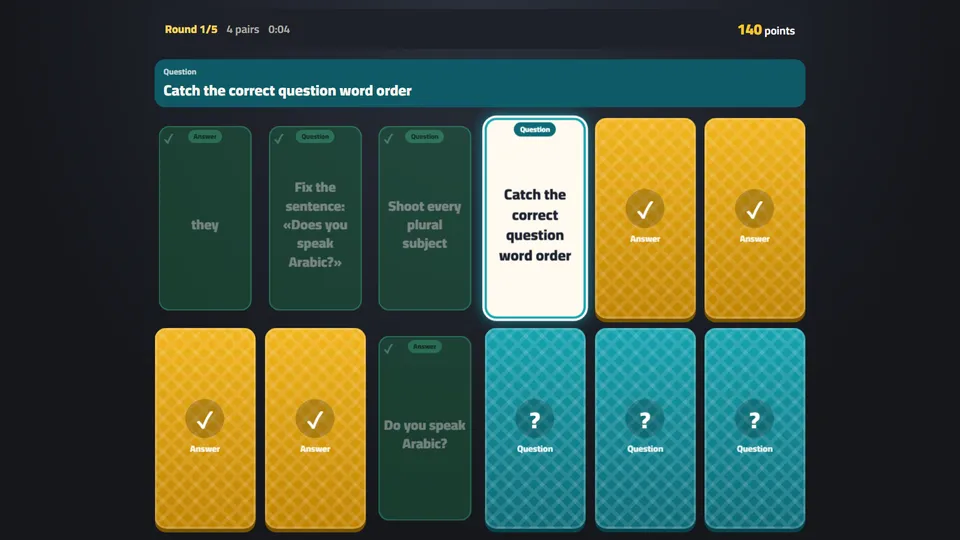 Memory Cards: question and answer cards, some of them flipped