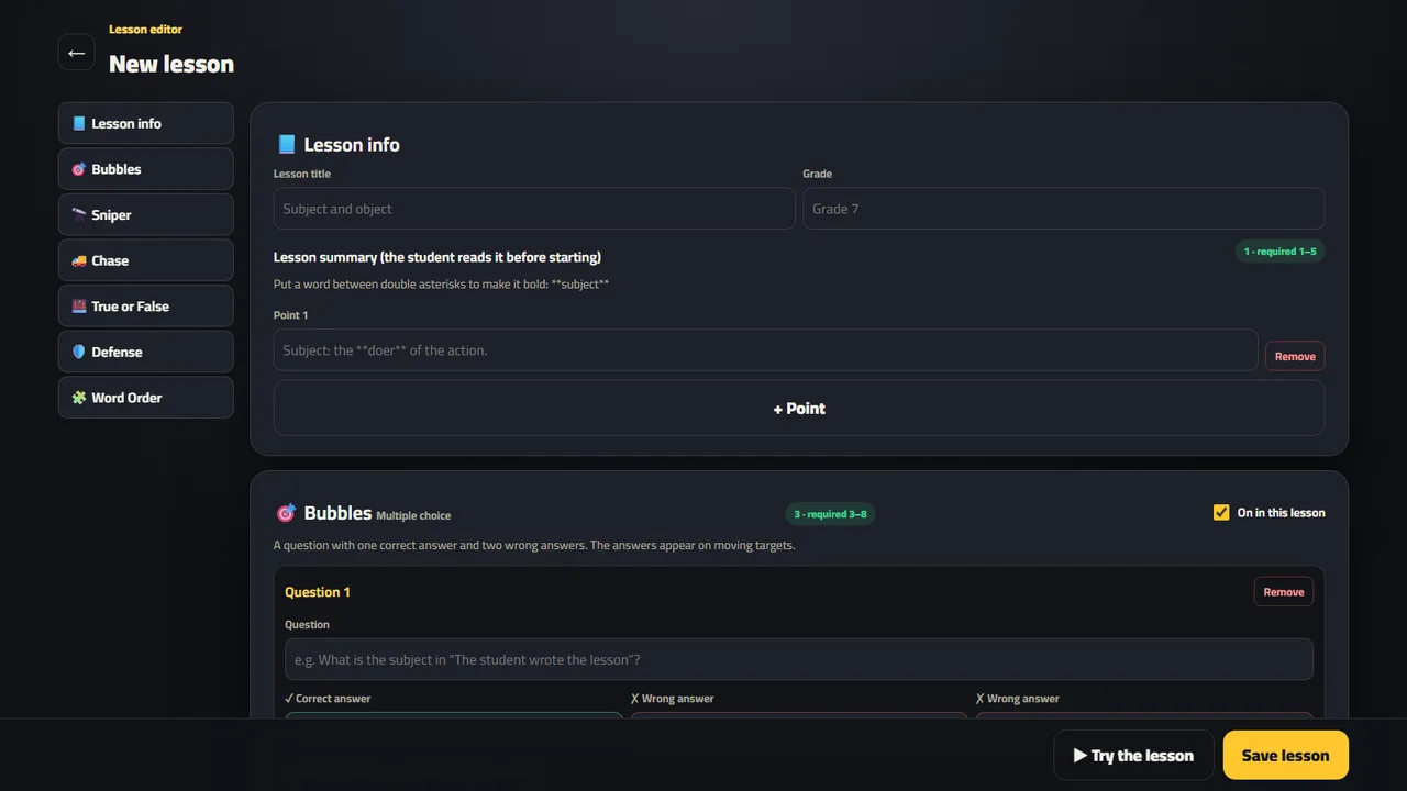 The lesson editor in the Teacher Dashboard