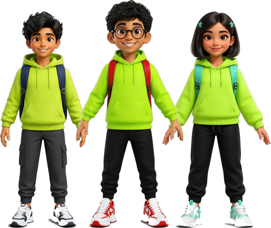 Three student characters in green hoodies with backpacks: two boys and a girl